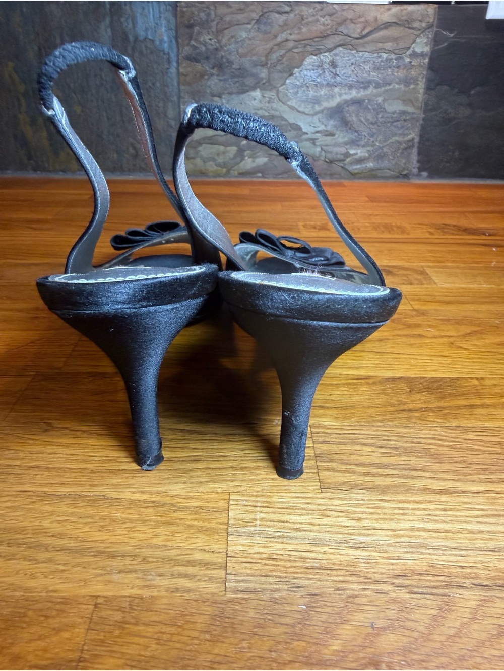 Nina New York Black Satin Peep-Toe Ruffle Slingback Heels - Picture 9 of 11